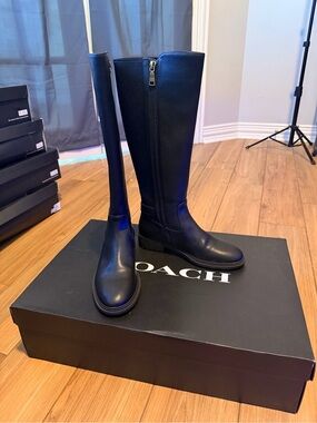 Coach Black Leather Tall Riding Boots with Side Zip
